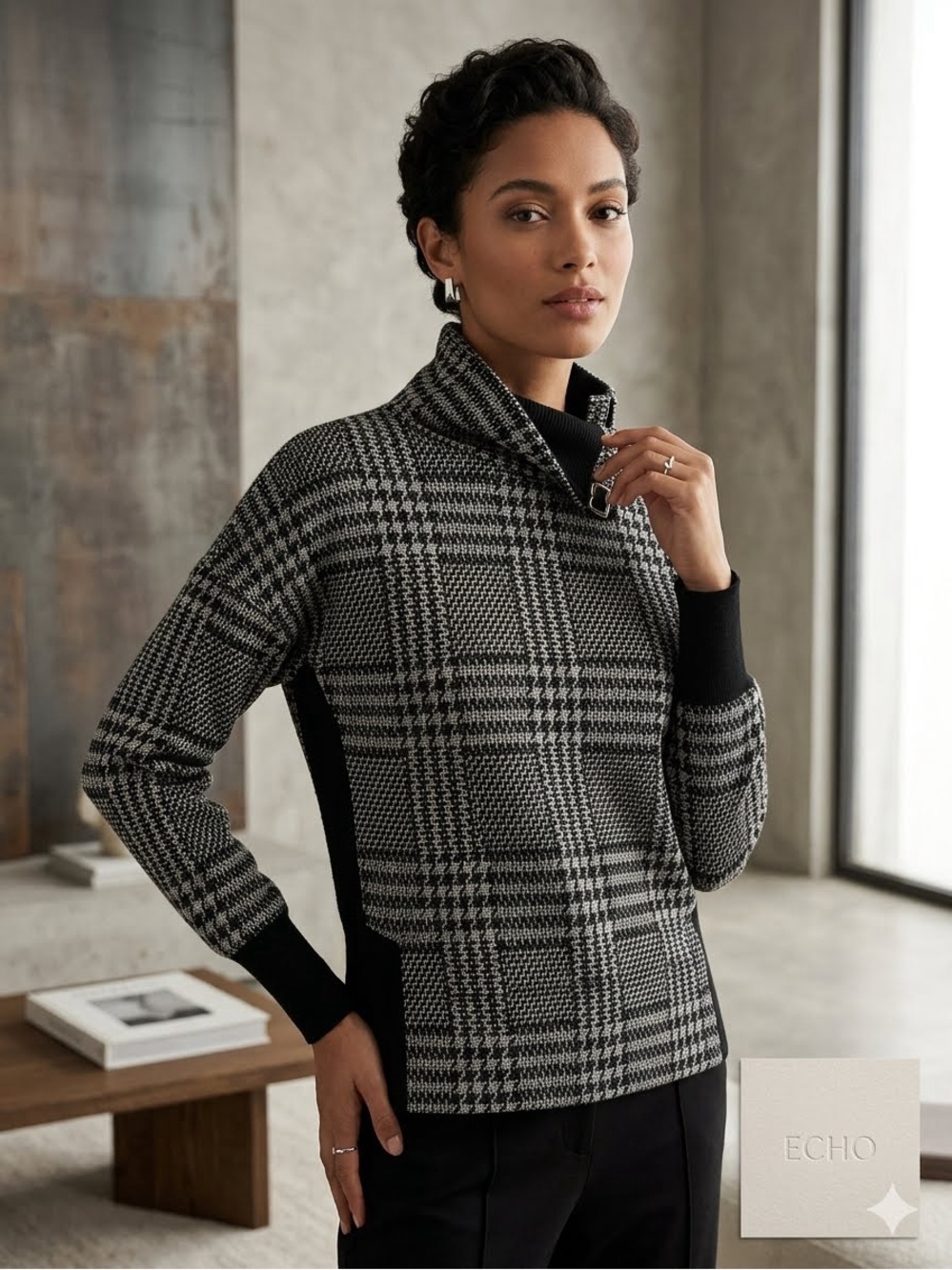 Theory Houndstooth Plaid Zip Funnel Neck Sweater P/XS